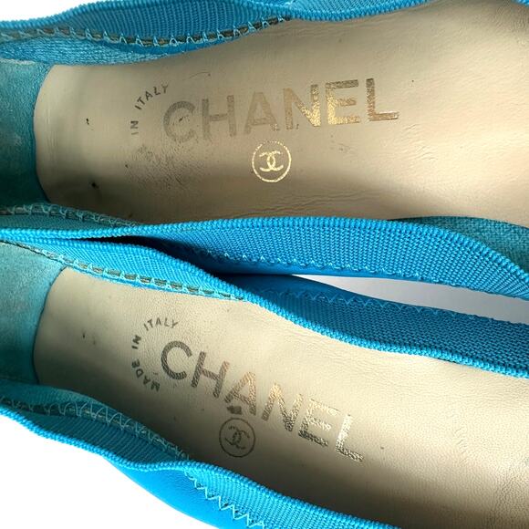 CHANEL Camellia Turquoise Leather Cork Cap Toe CC Logo Ballet Flats IT 37.5 C - Picture 11 of 16